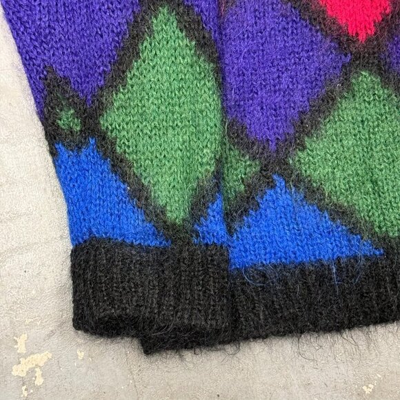 Vintage Eaton Mohair Sweater Fuzzy Knit Diamond Colorful Pullover Large - Picture 3 of 6